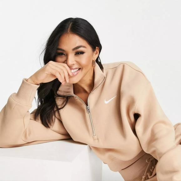 NWOT Nike Phoenix Fleece cropped quarter zip sweatshirt in brown - Picture 3 of 5